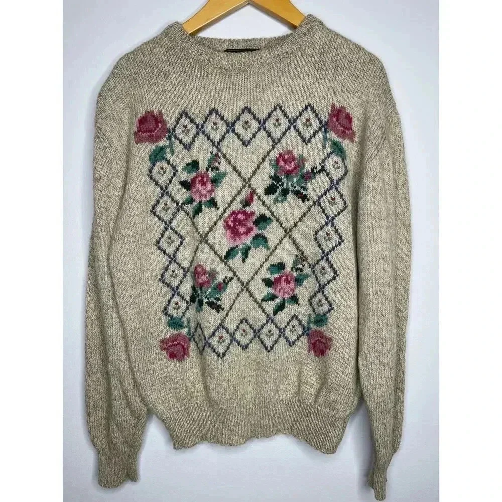 Eddie Bauer women’s Wool country Floral knit crewneck sweater wool blend size M - Picture 6 of 9